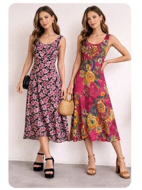 ST.HELENA floral multi color pink reversible shaffon mid dress size M y2k Fariy